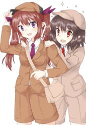  2girls alternate_costume bag brown_hair cabbie_hat commentary_request cowboy_shot forbidden_scrollery hair_ribbon hand_on_headwear hands_on_another&#039;s_shoulders hat himekaidou_hatate jacket looking_at_viewer multiple_girls necktie open_mouth pechimaru pointy_ears purple_eyes purple_necktie red_eyes red_necktie ribbon satchel shameimaru_aya shameimaru_aya_(newsboy) shorts simple_background sparkle sweatdrop touhou twintails white_background 