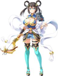  aqua_eyes arrow_(projectile) black_hair boots breasts cleavage crossbow emerane female flute full_body hair_ornament holding holding_weapon instrument large_breasts official_art oshiro_project:re short_shorts shorts smile solo takiyama_(oshiro_project) thigh_boots thighhighs transparent_background twintails weapon 