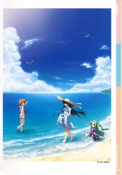  3girls :d absurdres barefoot beach bird black_hair cloud day dress from_side green_eyes green_hair hair_ornament half_updo hat highres hood hoodie japanese_clothes kobuichi kousaka_chihaya leg_up lifting_own_clothes long_hair miyoshi_yuiko multiple_girls muririn natsuzora_kanata one_side_up open_mouth orange_hair outdoors scan shichijou_sasara sitting skirt_hold sky sleeveless sleeveless_hoodie smile standing straw_hat sundress very_long_hair wading water x_hair_ornament 