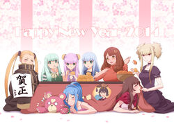  1boy 2014 aoki_hagane_no_arpeggio bird black_hair blonde_hair blue_hair blue_lips blush bow brown_hair bun_cover capelet chihaya_gunzou china_dress chinese_clothes choker coat commentary_request detached_sleeves double_bun dreaming dress eggplant everyone food fruit green_eyes green_hair grey_hair hair_bun hair_ornament hairclip happy_new_year haruna_(aoki_hagane_no_arpeggio) hatsuyume hawk hyuuga_(aoki_hagane_no_arpeggio) i-400_(aoki_hagane_no_arpeggio) i-402_(aoki_hagane_no_arpeggio) iona_(aoki_hagane_no_arpeggio) kirishima_(aoki_hagane_no_arpeggio) kongou_(aoki_hagane_no_arpeggio) kotatsu lipstick long_hair makeup mandarin_orange maya_(aoki_hagane_no_arpeggio) mikel_(4hands) monocle mount_fuji multiple_girls new_year open_mouth personification photoshop_(medium) ponytail purple_hair red_eyes ribbon smile stuffed_animal stuffed_toy sweater table takao_(aoki_hagane_no_arpeggio) teddy_bear thought_bubble twintails under_kotatsu under_the_table very_long_hair yellow_eyes yotarou_(aoki_hagane_no_arpeggio) 