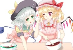  2girls :p apron bowl chocolate chocolate_making chocolate_on_face chocolate_on_hand commentary_request counter flandre_scarlet food food_on_face food_on_hand green_eyes hat hat_ribbon heart highres komeiji_koishi looking_at_another mob_cap multiple_girls one_eye_closed pechimaru pointy_ears red_eyes ribbon short_hair simple_background sleeves_rolled_up spatula stirring third_eye tongue tongue_out touhou white_background white_hair wings 