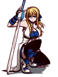  black_thighhighs blonde_hair blue_eyes breasts cleavage cleavage_cutout clothing_cutout female fingerless_gloves genderswap_(mtf) gloves guilty_gear hair_ribbon highres ky_kiske kyko large_breasts long_hair navel ponytail ribbon rule_63 ryuuri_(aoithigo) solo squatting sword thighhighs thunderseal weapon 