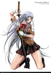  absurdres black_socks breasts chouun_shiryuu closed_eyes extraction female fingerless_gloves full_body glint gloves grey_hair highres holding holding_weapon ikkitousen katana kneehighs kneeling large_breasts loafers long_hair md5_mismatch miniskirt official_art open_mouth photoshop_(medium) pleated_skirt profile ribbon rin-sin scan school_uniform sheath shirt shoes short_sleeves simple_background skirt sleeve_cuffs socks solo sword taut_clothes tiptoes unsheathing very_long_hair vest weapon white_background white_gloves 