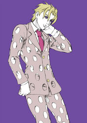  1boy adapted_costume aged_down blonde_hair chounorin clothing_cutout commentary_request formal jojo_no_kimyou_na_bouken male_focus necktie pannacotta_fugo purple_background solo suit 