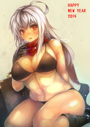  2014 ahoge bikini boots breasts commentary_request female gloves harusame-r highres large_breasts long_hair original plump red_eyes scarf silver_hair sitting solo swimsuit thick_thighs thighs 