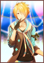  1boy akariko alternate_costume black_gloves border bow brown_border brown_eyes commentary_request cowboy_shot finger_to_mouth gloves hair_over_one_eye idol idolmaster idolmaster_side-m looking_at_viewer male_focus orange_hair parted_lips partially_fingerless_gloves solo sparkle tsukumo_kazuki 