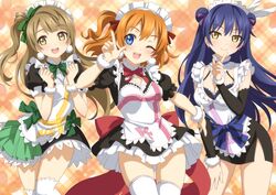  3girls absurdres arm_cuffs blue_eyes blue_hair blush breasts brown_hair choker cleavage_cutout clothing_cutout commentary dancing double_bun dress earrings english_commentary feathers flower frilled_dress frills hair_bun hair_ribbon highres idol jewelry kosaka_honoka long_hair looking_at_viewer love_live! love_live!_school_idol_project maid_headdress medium_breasts minami_kotori mogyutto_&quot;love&quot;_de_sekkin_chuu! multiple_girls one_eye_closed one_side_up open_mouth orange_hair pose ribbon ribbon_choker skindentation skirt smile sonoda_umi thighhighs wanaca white_legwear yellow_eyes zettai_ryouiki 