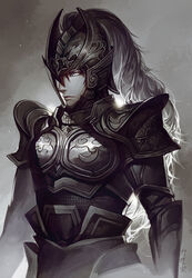  1boy armor black_hair blue_eyes commentary_request helmet highres kamikanomi male_focus monochrome photoshop_(medium) shin_sangoku_musou solo wen_yang 