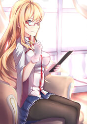  bad_id bad_pixiv_id black_pantyhose blonde_hair blue_eyes blue_skirt booklet cartonbox_(zhixiang_zhi) couch cowboy_shot curtains day female from_side glasses gloves green_eyes hand_up highres holding holding_pen indoors jacket kongou_(warship_girls_r) legs_together light long_hair looking_to_the_side open_mouth pantyhose pen pen_to_chin pleated_skirt red-framed_eyewear shadow sitting skirt smile solo sunlight warship_girls_r white_gloves white_jacket wide_sleeves window 