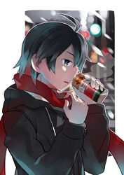  1boy araragi_koyomi black_eyes black_hair can coffee commentary_request hair_over_one_eye highres hood hoodie koimonogatari luo. male_focus monogatari_(series) scarf 