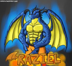  2015 abs anthro biceps clothed clothing darkenstardragon dragon hi_res horn male membrane_(anatomy) membranous_wings muscular muscular_anthro muscular_male mythological_creature mythological_scalie mythology nipples pecs raziel_(darken) reptile scales scalie smile solo tail topless wings 