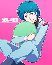  1boy blue_eyes blue_hair blue_pants character_name closed_mouth commentary_request copyright_name enemy32 gundam highres hugging_object kamille_bidan long_sleeves looking_at_viewer male_focus pants partial_commentary pillow pillow_hug pink_background simple_background sitting smile zeta_gundam 