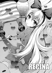  animal_print bat_print blush bow commentary_request dokidoki!_precure female fukunaga_yukito greyscale hairbow highres long_hair looking_at_viewer looking_back monochrome pantyhose photoshop_(medium) pillow precure print_pantyhose regina_(dokidoki!_precure) sitting typo 