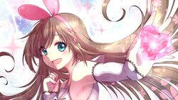  :d armpits blush bow brown_hair commentary_request detached_sleeves female hairband hairbow highres kizuna_ai kizuna_ai_inc. long_hair looking_at_viewer open_mouth outstretched_arm pink_hairband ro_(igris-geo) smile solo upper_body very_long_hair virtual_youtuber 