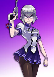  badge charm_(object) commentary_request decepticon emblem evil_grin evil_smile female genderswap_(mtf) grey_hair grin gun handgun highres humanization megatron miniskirt my_little_pony my_little_pony:_friendship_is_magic nail_polish objectification pantyhose photoshop_(medium) purple_background purple_eyes purple_nails purple_skirt rule_63 ryuusei_(mark_ii) sharp_teeth skirt smile solo teeth transformers transformers_prime trigger_discipline twilight_sparkle_(mlp) walther walther_p38 weapon 