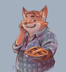  2016 anthro belly canid canine clothing daihukudokoro dessert digital_media_(artwork) disney food fox fur gideon_grey kemono male mammal one_eye_closed overweight overweight_male pastry pie red_fox shirt simple_background solo topwear true_fox wink zootopia 