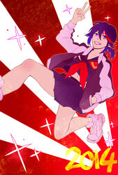  2014 alternate_hairstyle bad_id bad_pixiv_id black_hair female grin highres jacket kill_la_kill letterman_jacket matoi_ryuuko midriff multicolored_hair ponytail saaya_(32308) school_uniform senketsu serafuku shoes short_hair short_ponytail skirt smile sneakers solo streaked_hair v 