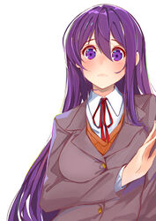  blush breasts collared_shirt commentary doki_doki_literature_club english_commentary female grey_jacket hair_between_eyes highres jacket large_breasts long_hair looking_at_viewer purple_eyes purple_hair school_uniform shirt simple_background solo upper_body white_background white_shirt xhunzei yuri_(doki_doki_literature_club) 