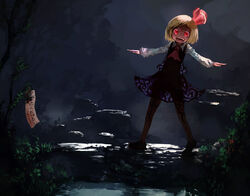  :d blonde_hair commentary_request dark female hair_ribbon md5_mismatch open_mouth outstretched_arms pantyhose red_eyes ribbon rumia shirt short_hair skirt smile spread_arms tanabata touhou vest yst 