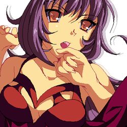  bare_shoulders belial_(wild_arms) breasts dress enoo female jaggy_lines long_hair lowres oekaki oerba_yun_fang open_mouth orange_eyes purple_hair solo upper_body white_background wild_arms wild_arms_4 wild_arms_xf 