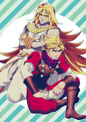  armband black_nails blonde_hair boots brown_footwear clenched_teeth colored_skin commentary_request crossed_arms dio_brando dual_persona egyptian_clothes facial_mark heaven_ascended_dio jojo_no_kimyou_na_bouken jojo_no_kimyou_na_bouken:_eyes_of_heaven kneeling long_hair nail_polish phantom_blood purple_skin red_eyes sitting smile sokka_(kbs) striped striped_background sweatdrop teeth very_long_hair wrist_cuffs yellow_eyes 