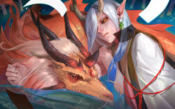  1boy aerysky artist_name commentary_request dragon eastern_dragon hair_over_one_eye horns ichimoku_ren_(onmyoji) long_hair looking_at_viewer male_focus onmyoji pointy_ears red_eyes red_ribbon ribbon solo tears white_hair yellow_eyes 