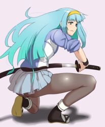  aqua_eyes aqua_hair ass bad_id bad_pixiv_id black_pantyhose female hairband jacket katana long_hair on_one_knee pantyhose plasmon sheath shimo_(yatagarasu) skirt sleeves_pushed_up solo sword tabi track_jacket unsheathing weapon wristband yatagarasu_(game) 