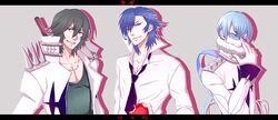  3boys apple bad_id bad_pixiv_id blue_hair food fruit glasses green_hair highres inumuta_houka kill_la_kill male_focus mikisugi_aikurou multiple_boys necktie saaya_(32308) sanageyama_uzu smile 