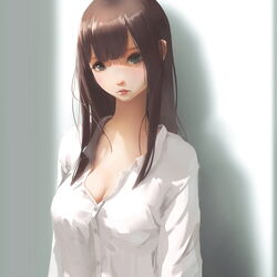  against_wall breasts brown_hair cleavage commentary eyelashes female grey_eyes large_breasts lips looking_at_viewer original shirt solo unbuttoned unbuttoned_shirt vafar7 