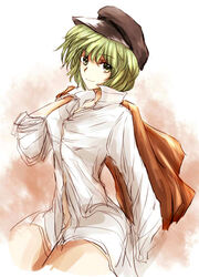  bad_id bad_pixiv_id bare_legs cabbie_hat collared_shirt contemporary female green_eyes green_hair hat humanization jacket looking_at_viewer naked_shirt open_clothes open_shirt over_shoulder popped_collar rhapsode shirt short_hair soga_no_tojiko solo touhou 