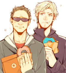  2boys animification avengers:_age_of_ultron avengers_(series) blonde_hair brown_hair clint_barton commentary_request doughnut eating facial_hair food kyosuke male_focus marvel marvel_cinematic_universe multiple_boys photoshop_(medium) pietro_maximoff stubble sunglasses white_hair 