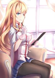  bad_id bad_pixiv_id black_pantyhose blonde_hair blue_eyes blue_skirt booklet cartonbox_(zhixiang_zhi) couch cowboy_shot curtains day female from_side gloves green_eyes hand_up highres holding holding_pen indoors jacket kongou_(warship_girls_r) legs_together light long_hair looking_to_the_side open_mouth pantyhose pen pen_to_chin pleated_skirt shadow sitting skirt smile solo sunlight warship_girls_r white_gloves white_jacket wide_sleeves window 