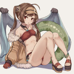  ahoge ass azur_lane bare_shoulders bikini black_footwear blush breasts brown_background brown_hair collarbone commentary disembodied_hand female fur-trimmed_jacket fur_trim gloves hairpods halterneck highres holding holding_towel jacket kintsuba_(garapagosukkk) long_hair long_sleeves looking_at_viewer off_shoulder official_alternate_costume open_clothes open_jacket parted_lips ping_hai_(azur_lane) ping_hai_(summer_vacation)_(azur_lane) platform_footwear platform_heels puffy_long_sleeves puffy_sleeves red_bikini red_eyes red_gloves ribbon-trimmed_bikini ribbon_trim sandals sidelocks simple_background sitting sleeves_past_wrists small_breasts solo_focus swimsuit toenails towel twintails very_long_hair visor_cap white_background yellow_jacket 