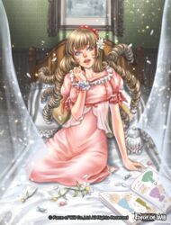  barefoot bed blonde_hair blue_eyes book bow candy commentary_request copyright_name curtains drill_hair female flower food force_of_will freckles hair_flower hair_ornament hairband indoors kamijororo long_hair official_art open_mouth petals pillow sitting solo sparkle teeth 