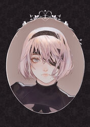  2b_(nier:automata) absurdres black_blindfold black_dress black_hairband blindfold blindfold_slip blue_eyes cleavage_cutout closed_mouth clothing_cutout commentary dress english_commentary eyelashes female fuwaffy hair_between_eyes hair_over_one_eye hairband highres juliet_sleeves lace lace-trimmed_hairband lace_trim lips long_sleeves looking_at_viewer mole mole_under_mouth nier:automata nier_(series) nose one_eye_covered pink_lips portrait puffy_sleeves short_hair solo turtleneck white_hair 