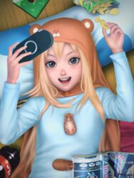  :d animal animated animated blonde_hair bottle brown_eyes chips_(food) commentary doma_umaru english_commentary female food from_above gohpot hamster handheld_game_console happy himouto!_umaru-chan hood long_hair lying making-of_available manga_(object) nekoronbusu on_back open_mouth pillow playstation_portable potato_chips realistic smile soda_bottle solo upper_body wooden_floor 