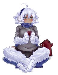  ahoge alternate_costume artist_name bike_shorts blush caleana crossed_legs cup dark_skin earmuffs eyebrows eyebrows_visible_through_hair female fur grey_eyes highres holding holding_cup legs_crossed monster_girl monster_girl_encyclopedia paws scarf short_hair signature simple_background sitting smile solo steam sweater teacup teapot thick_eyebrows white_background white_fur white_hair yeti_(monster_girl_encyclopedia) 