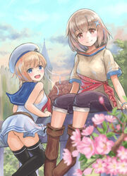  2girls :d aoyuki black_legwear blonde_hair blue_eyes blue_sky blush boots bracelet brown_eyes brown_footwear brown_hair building castle commentary_request day flower frey_(sennen_sensou_aigis) hair_ornament hat highres jewelry leaf_(sennen_sensou_aigis) looking_at_viewer looking_back multiple_girls open_mouth outdoors sailor_hat school_uniform sennen_sensou_aigis serafuku sitting skirt sky smile thighhighs white_skirt 