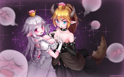  &gt;:) 2girls black_dress blonde_hair blue_eyes blush boo_(mario) bowsette breast_press breasts cleavage collar collar_jewel commentary dress earrings frilled_collar frilled_dress frilled_gloves frills garter_straps ghost gloves higashikata_kou highres holding_hands horns jewelry large_breasts long_hair luigi&#039;s_mansion mario_(series) multiple_girls new_super_mario_bros._u_deluxe ponytail princess_king_boo red_eyes sparkle_background sphere_earrings super_crown symmetrical_docking tail v-shaped_eyebrows white_dress white_hair 