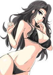  bikini black_bikini black_hair breasts cleavage commentary_request cowboy_shot criss-cross_halter female halterneck hand_to_own_mouth highres idolmaster idolmaster_cinderella_girls large_breasts long_hair natsu_(anta_tte_hitoha) navel purple_eyes simple_background solo string_bikini swimsuit takahashi_reiko white_background 