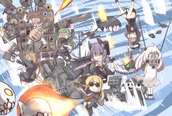  2_fuel_4_ammo_11_steel 6+girls abyssal_ship anchor arms_behind_back bad_id bad_pixiv_id black_hair black_serafuku blindfold blonde_hair bound bound_wrists brown_hair chains chainsaw colored_skin commentary cosplay double_bun enemy_aircraft_(kancolle) eyepatch flamethrower gas_mask glaive_(polearm) glasses gloves goggles green_hair ground_vehicle guitar gun hair_bun hair_intakes halo ido_(teketeke) immortan_joe instrument kantai_collection long_hair mad_max mad_max:_fury_road mask mechanical_halo military military_vehicle mochizuki_(kancolle) motor_vehicle multiple_girls nagatsuki_(kancolle) naka_(kancolle) northern_ocean_princess open_mouth parody polearm purple_hair rictus_erectus ro-class_destroyer satsuki_(kancolle) school_uniform serafuku ship short_hair skirt speaker sword tatsuta_(kancolle) tenryuu_(kancolle) the_doof_warrior the_doof_warrior_(cosplay) turret twintails upside-down warship watercraft weapon white_hair white_skin 