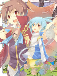  &gt;:) 2boys blue_eyes blue_hair blush brown_hair cape clenched_hand clock clock_hands commentary_request flower glasses heterochromia highres klug_(puyopuyo) light_blue_hair long_sleeves male_focus mask multicolored_clothes multiple_boys oerba_yun_fang open_mouth pants plant purple_shirt puyopuyo puyopuyo_fever red_cape red_eyes rento_(rukeai) shirt sig_(puyopuyo) smile strange_klug v-shaped_eyebrows white_pants 