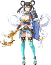  aqua_eyes arrow_(projectile) black_hair boots breasts cleavage crossbow emerane female flute full_body hair_ornament holding holding_weapon instrument large_breasts official_art oshiro_project:re short_shorts shorts smile solo takiyama_(oshiro_project) thigh_boots thighhighs transparent_background twintails weapon 