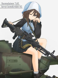  ammunition_belt ankle_boots blue_footwear blue_hat blue_jacket blue_skirt boots brown_eyes brown_hair closed_mouth commentary_request emblem eyebrows_visible_through_hat female finnish_text girls_und_panzer grey_background grey_socks gun hand_on_weapon hat head_rest highres jacket keizoku_military_uniform kk_62 leaning_to_the_side leopard_2 light_machine_gun light_smile long_hair long_sleeves looking_at_viewer machine_gun md5_mismatch mika_(girls_und_panzer) mikeran_(mikelan) military military_uniform military_vehicle miniskirt motor_vehicle one_eye_closed pleated_skirt raglan_sleeves resolution_mismatch simple_background sitting skirt socks solo source_smaller tank track_jacket translated tulip_hat uniform very_long_hair weapon zipper zipper_pull_tab 