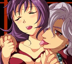  1boy belial_(wild_arms) blush breasts closed_eyes collarbone dress earrings enoo female holding_hands jaggy_lines jewelry large_breasts long_hair lowres neck oekaki oerba_yun_fang open_mouth purple_hair red_eyes ring tongue tongue_out wild_arms wild_arms_4 wild_arms_xf 