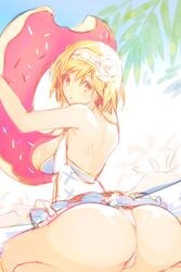  ass bare_back bare_shoulders blonde_hair breasts commentary_request djeeta_(granblue_fantasy) female granblue_fantasy koza_game large_breasts palm_tree protected_link sitting skirt solo tree wariza yellow_eyes 