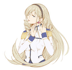  blonde_hair blue_eyes breasts celia_kumani_entory commentary_request drill_hair earrings epaulettes female hairband highres jewelry k-kun long_hair military military_uniform photoshop_(medium) simple_background smile solo uniform upper_body very_long_hair walkure_romanze white_background 