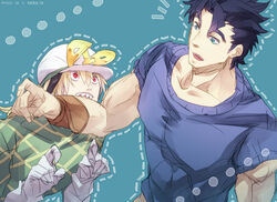  2boys ankai_(rappelzankai) biting blonde_hair blue_hair commentary_request diego_brando hat jojo_no_kimyou_na_bouken jonathan_joestar male_focus multiple_boys photoshop_(medium) steel_ball_run 