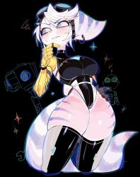  animal_ears animal_nose black_background black_leotard black_thighhighs blush body_fur breasts cropped_legs female furry furry_female goggles groin hand_up highres large_breasts leotard mechanical_arms ratchet_&amp;_clank rivet_(ratchet_&amp;_clank) short_hair sideways_glance single_mechanical_arm solo sweatdrop teeth thighhighs usa37107692 white_fur white_hair 