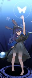  absurdres animal_ears arm_up barefoot black_dress black_eyes black_hat blue_background breasts bug butterfly commentary_request dress druid_rabbit ears_through_headwear female full_body gomiba_koko hat highres holding holding_staff large_breasts looking_at_viewer magic_circle open_mouth purple_hair rabbit_and_steel rabbit_ears short_sleeves solo staff standing v-shaped_eyebrows white_butterfly 